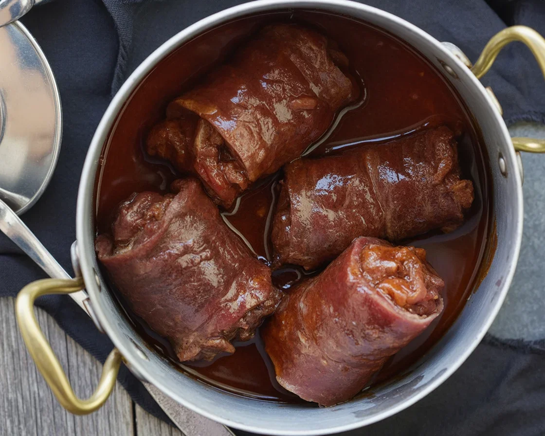 Zoete en sappige klassiek rinderrouladen, gevuld met spek en augurk.
