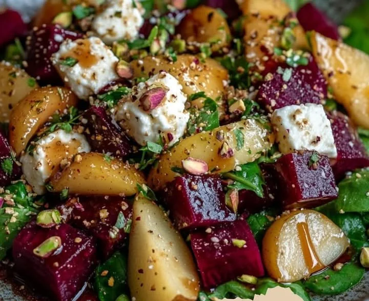 Rote-Bete-Salat mit karamellisierter Birne, Feta und Pistazien-Crunch in einer Schüssel