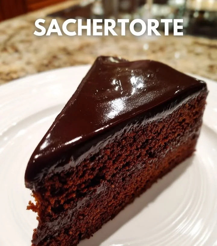 Schokoladen-Sachertorte auf einem Teller, dekoriert mit Sahne