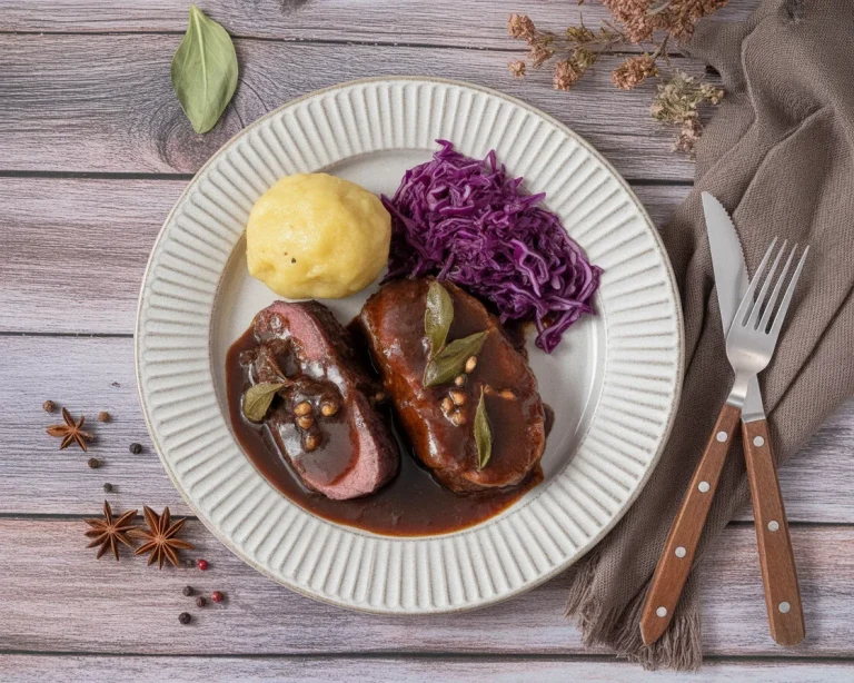 Klassischer Sauerbraten mit Rotkohl und Kartoffelklößen auf een bord.