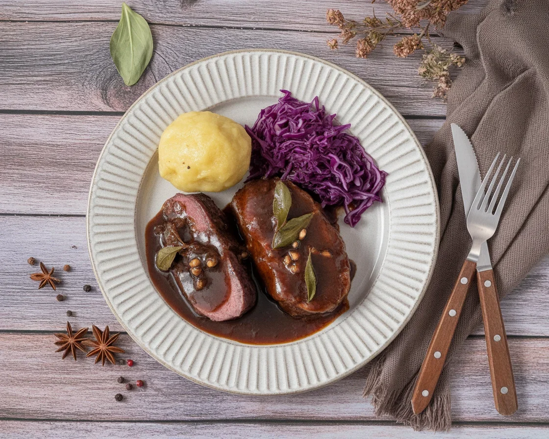 Klassischer Sauerbraten mit Rotkohl und Kartoffelklößen auf een bord.