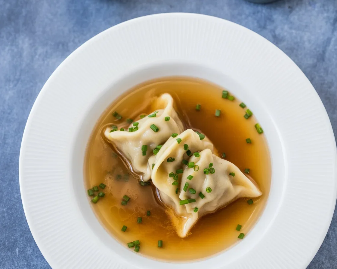 Schwäbische Maultaschen in der Brühe mit frischem Gemüse serviert