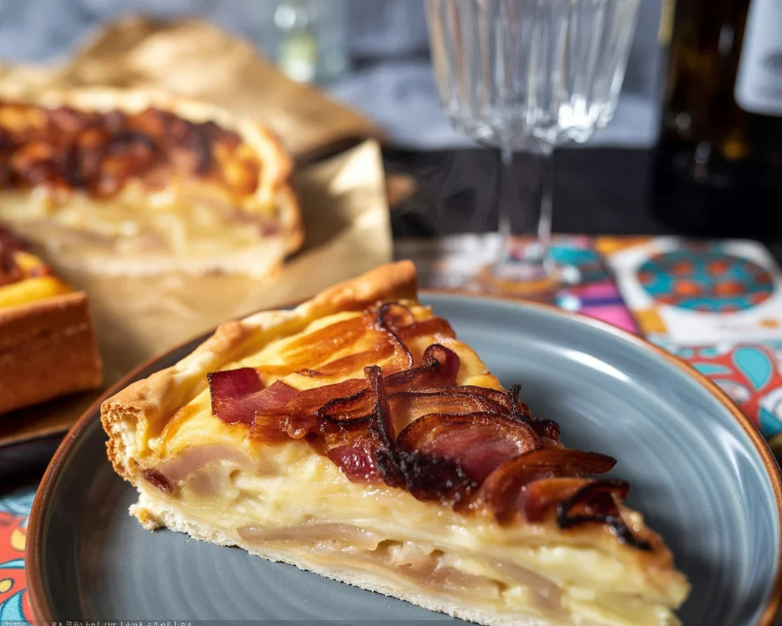 Frischer Schwäbischer Zwiebelkuchen auf einem Teller, serviert mit frischen Zutaten.