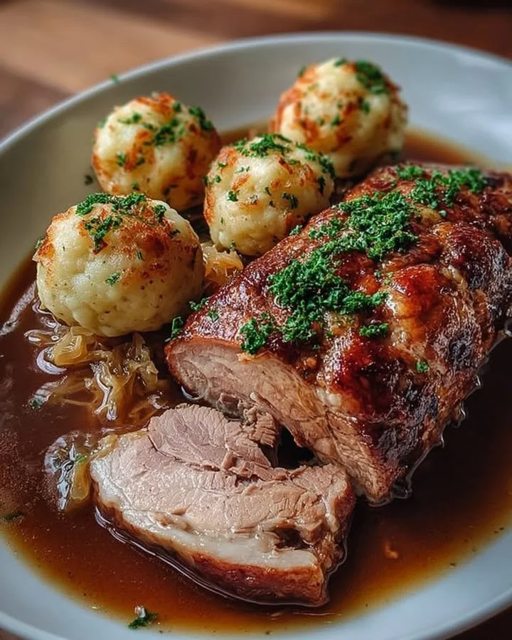 Schweinebraten mit Knödeln und Sauerkraut auf einem Teller serviert