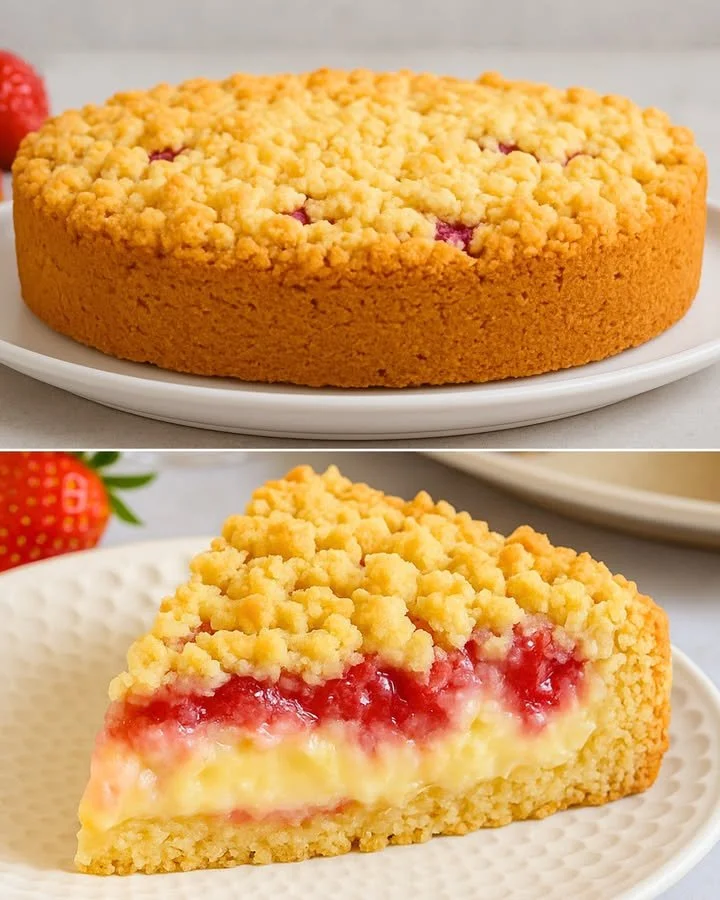 Saftiger Erdbeer-Pudding-Streuselkuchen auf einem Teller serviert