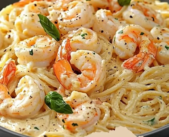 Spaghetti mit Garnelen in cremiger Frischkäse-Sauce serviert