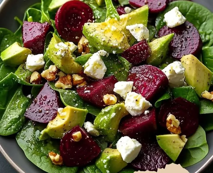 Spinatsalat mit Rote Beete und Avocado auf einem Teller anrichten