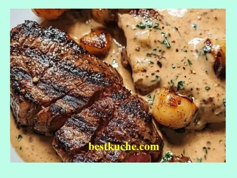 Steak mit Knoblauch-Bourbon-Sauce auf einem Teller