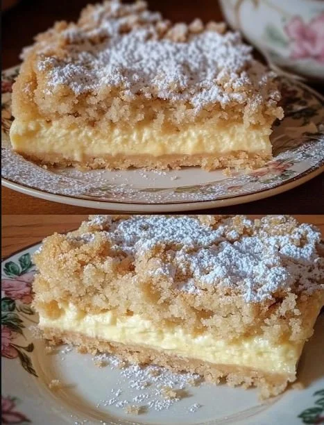 Saftiger Streuselkuchen mit cremigem Vanillepudding und knusprigen Streuseln.