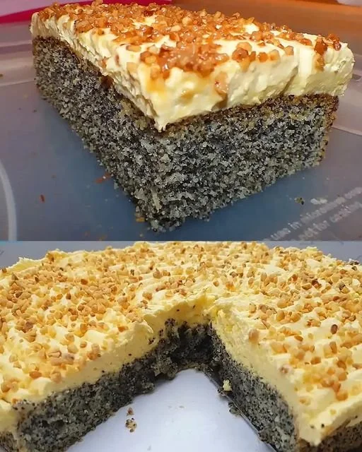 Ein Stück Mohnkuchen ohne Boden mit Paradiescreme auf einem Teller