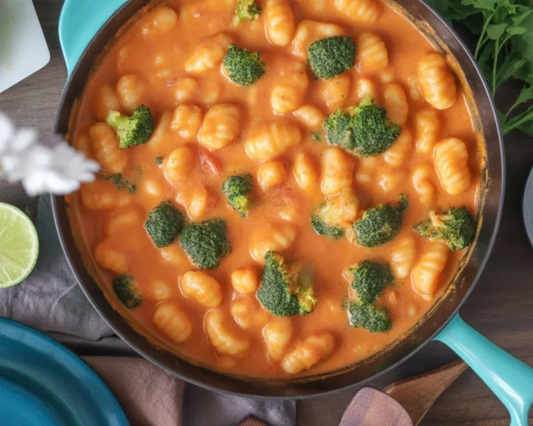 Süßkartoffel-Gnocchi-Auflauf mit Brokkoli, Feta und buntem Gemüse aus dem Ofen.
