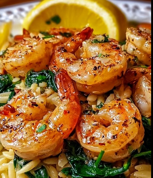 Zitronen-Knoblauch-Garnelen mit Spinat-Orzo