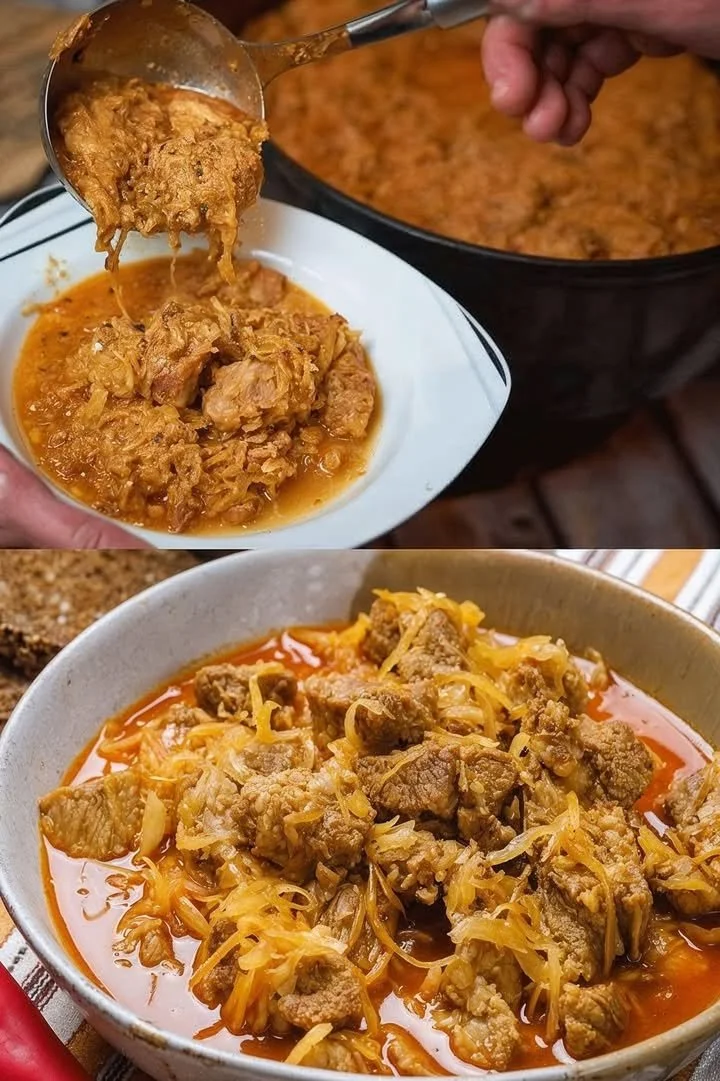 Szegediner Gulasch mit zartem Fleisch und Paprika auf einem Teller serviert