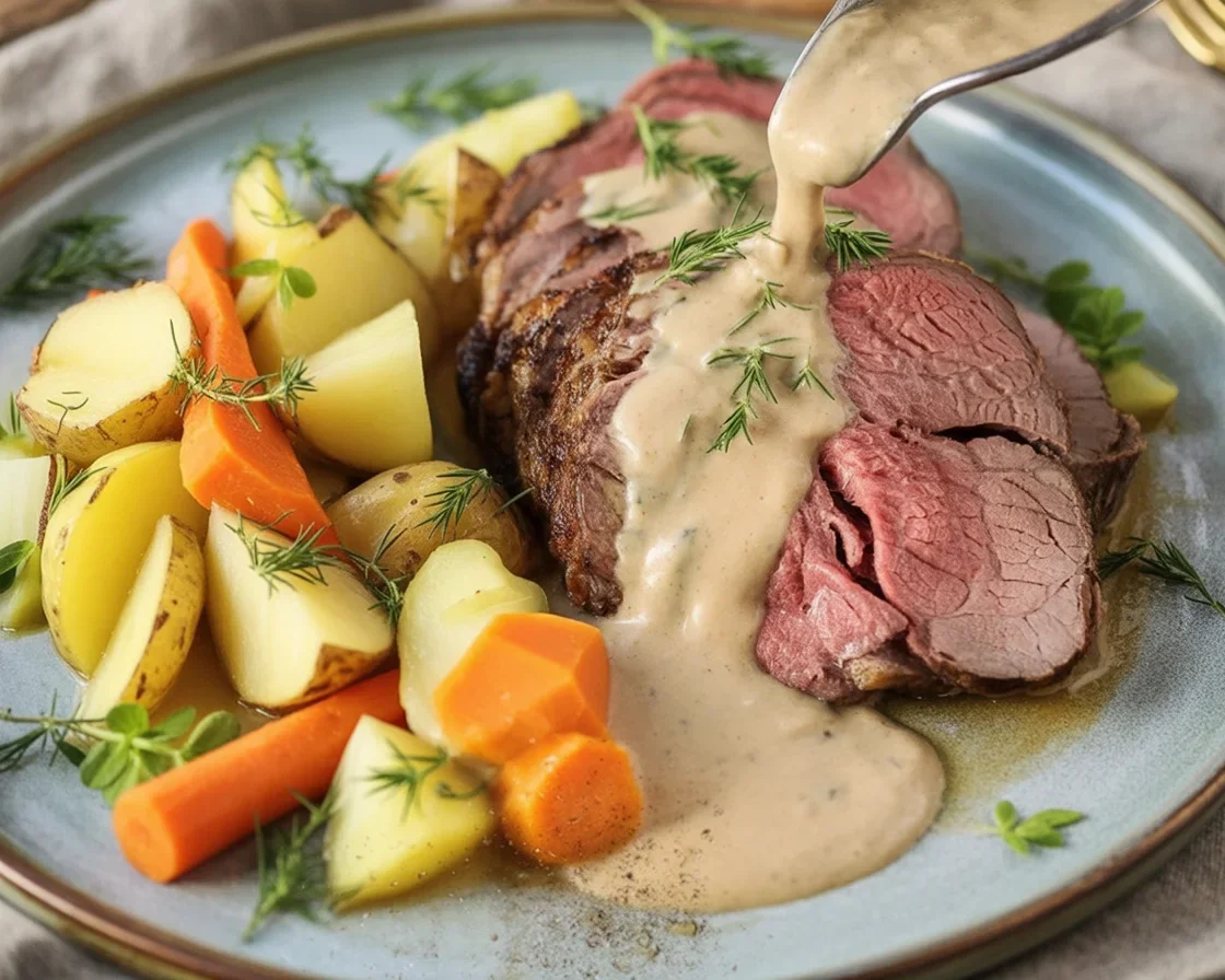 Klassischer Tafelspitz mit cremiger Meerrettichsoße und Petersilienkartoffeln serviert.