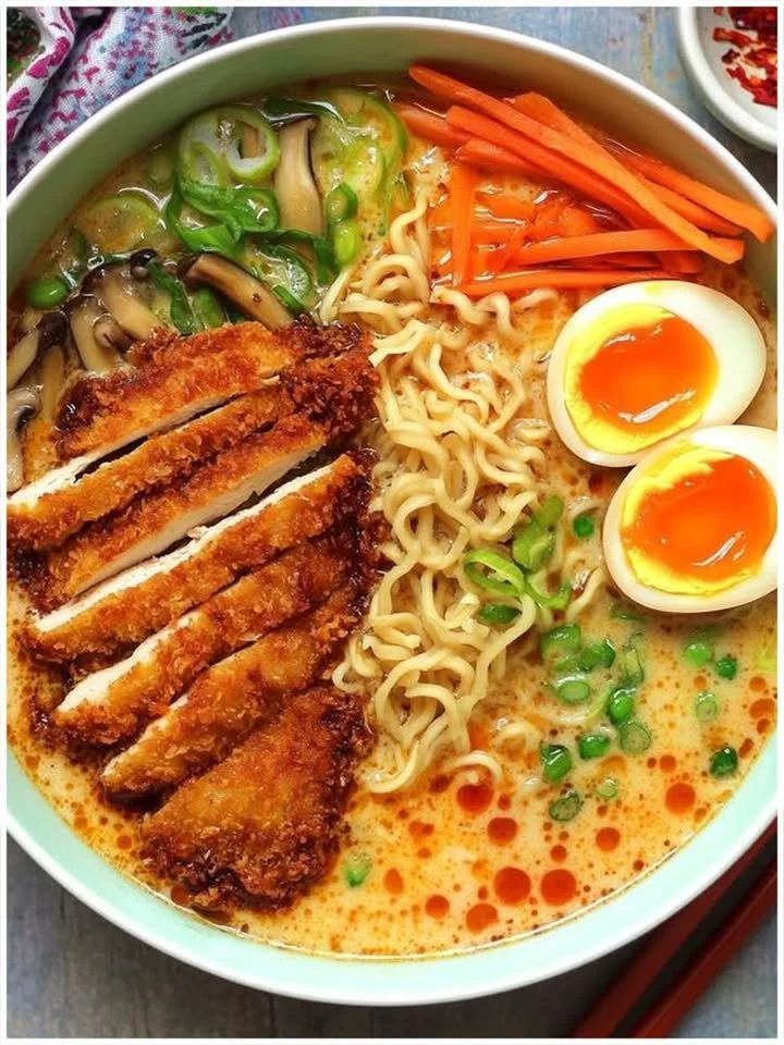 Tonkotsu Ramen mit knusprigem Chicken Katsu in einer Schüssel