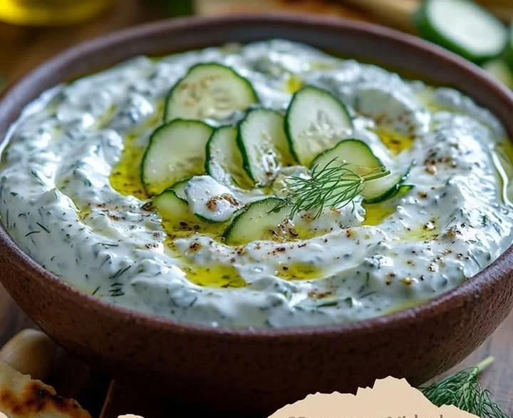 Schüssel mit frischem Tzatziki-Dip aus Joghurt, Gurken und Kräutern