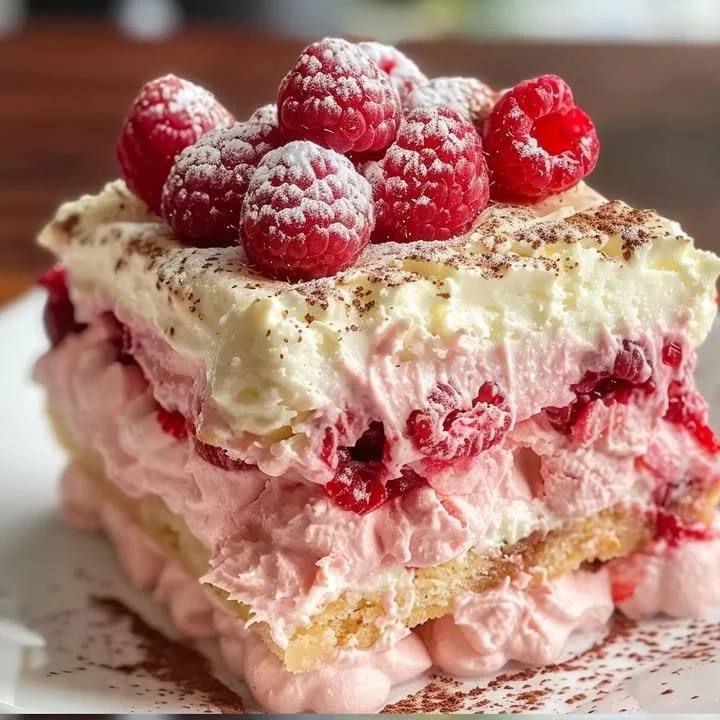 Weißes Schokoladen-Himbeer-Tiramisu mit frischen Himbeeren und Schokoladensplittern