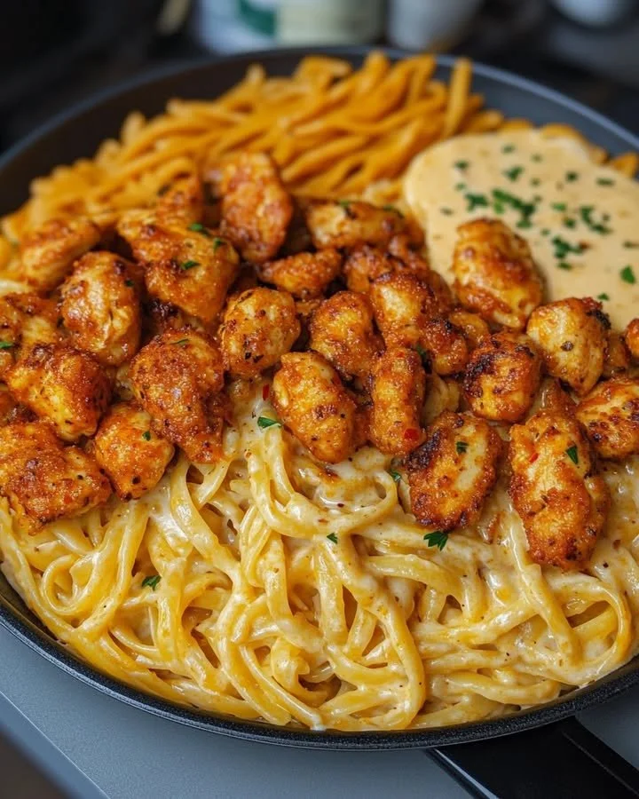 Würzige Knoblauch-Hähnchenstücke zusammen mit Parmesan-Fettuccine
