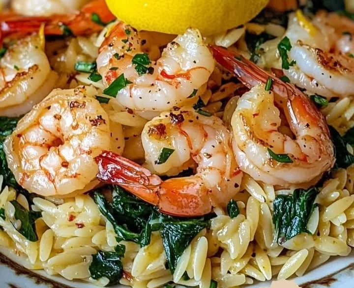 Zitronen-Knoblauch-Garnelen serviert mit Spinat-Orzo auf einem Teller