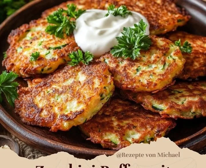 Leckere Zucchini-Puffer mit Haferflocken auf einem Teller serviert.
