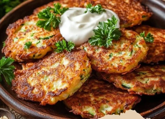Zucchini-Puffer mit Haferflocken auf einem Teller serviert
