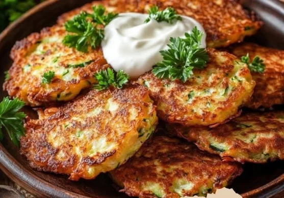 Leckere Zucchini-Puffer mit Haferflocken auf einem Teller serviert.