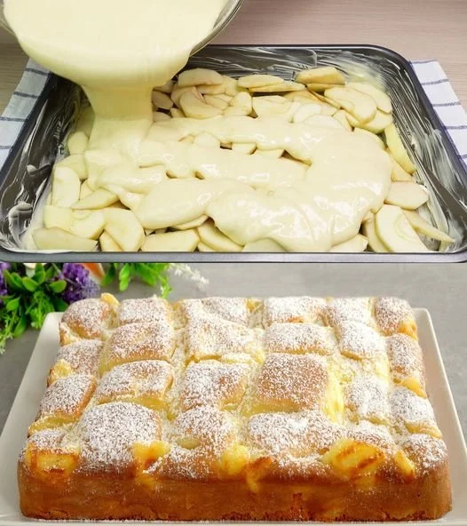 Saftiger Apfelkuchen mit cremigem Vanillepudding auf einem Teller serviert