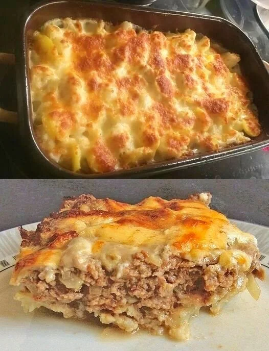 Gekochter Blumenkohl mit Hackfleisch überbacken auf einem Teller serviert.