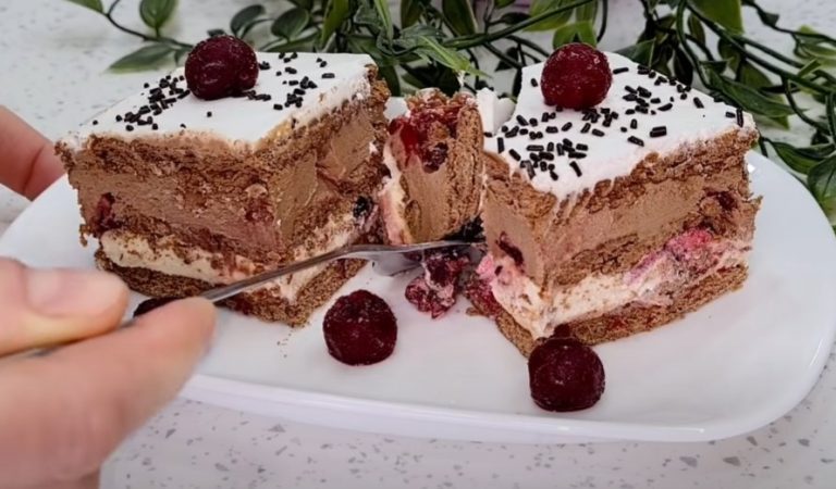 Winterliche Eiscreme-Torte mit Kirschen – Leicht, einfach zuzubereiten, kein Backen erforderlich.