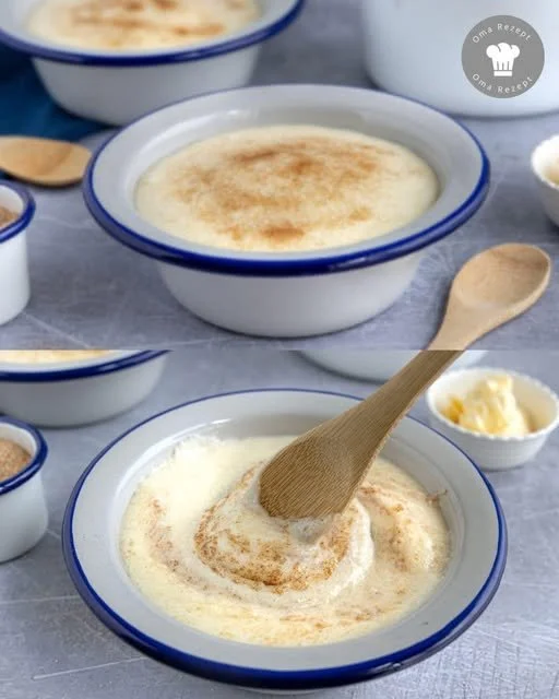 Schüssel mit cremigem Grießbrei, garniert mit Zimt und Zucker