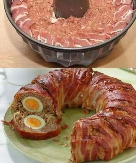 Hackbraten mit Überraschung auf einem Teller serviert