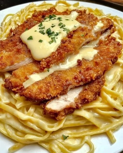 Knuspriges Hähnchen mit cremiger Pasta auf einem Teller serviert.