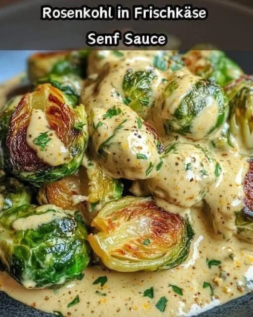 Rosenkohl in Frischkäse-Senfsauce auf einem Teller serviert