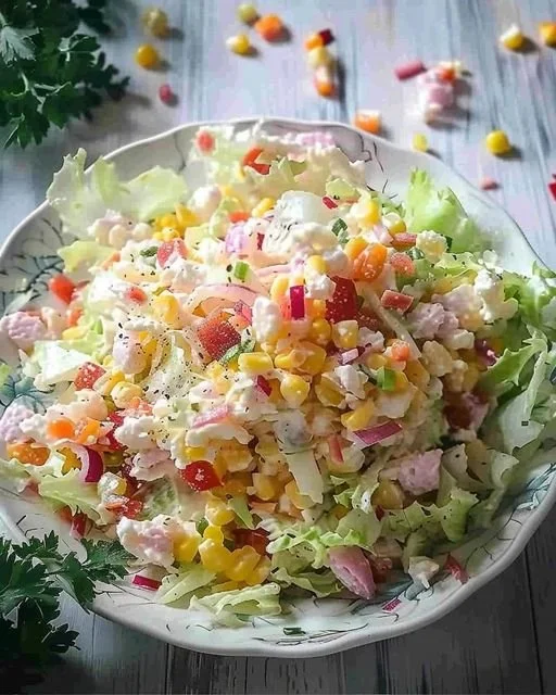 Bunter frischer Salat mit Gemüse und Dressing auf einem Teller