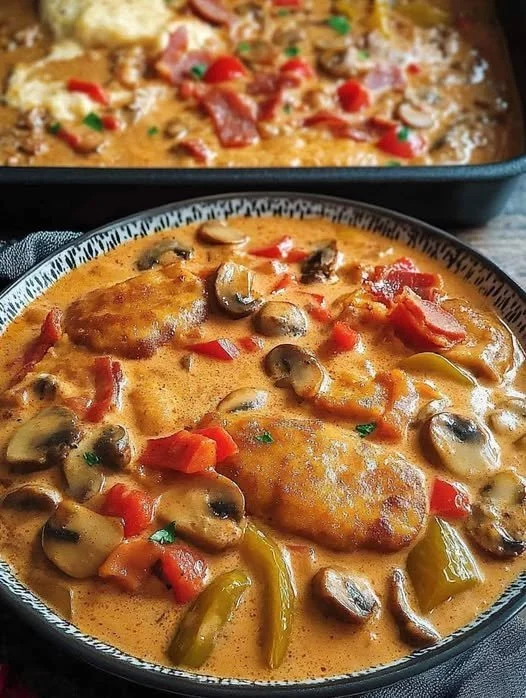 Delikates Schnitzelgericht serviert mit Beilagen und Sauce.