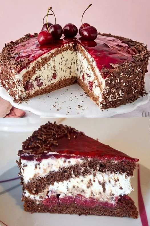 Leckere Stracciatella-Kirsch-Torte mit Schokolade und Kirschen