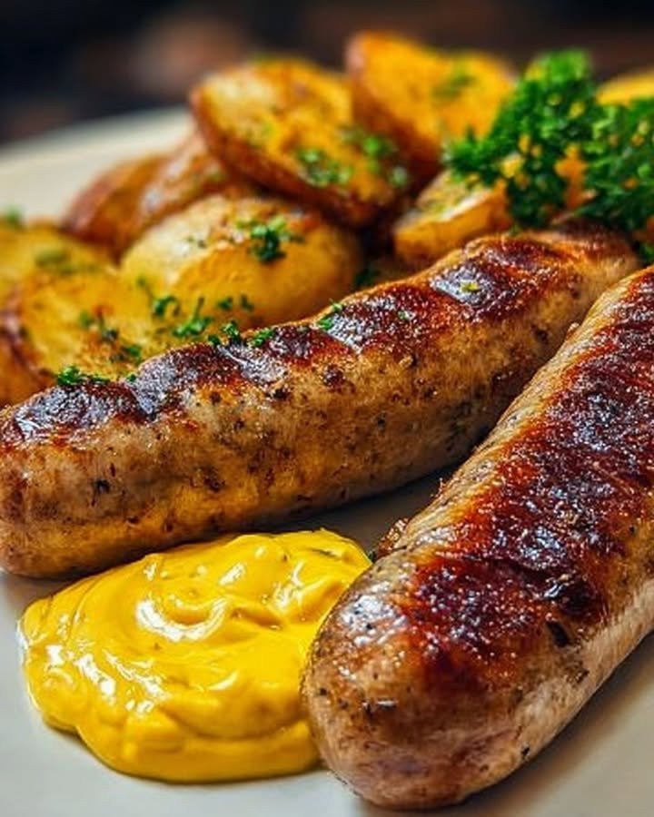 Bratwurst mit Bratkartoffeln und Senf