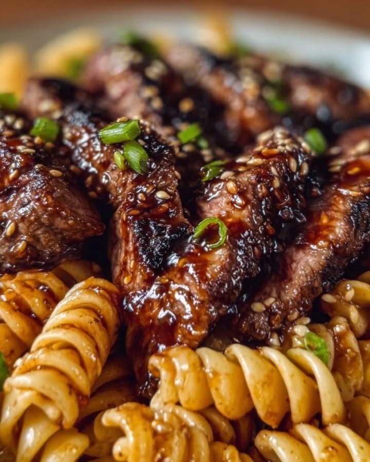 Klebriges Honig-Knoblauch-Steak mit Rotini
