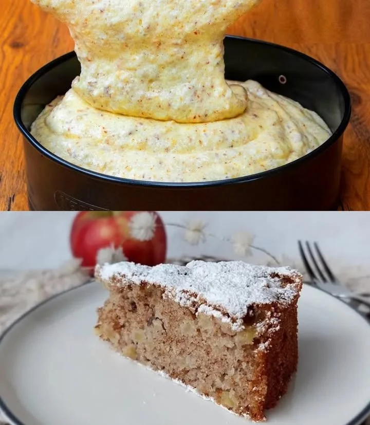 Apfel Zimt Nusskuchen mit Äpfeln, Zimt und Nüssen auf einem Tortenteller.