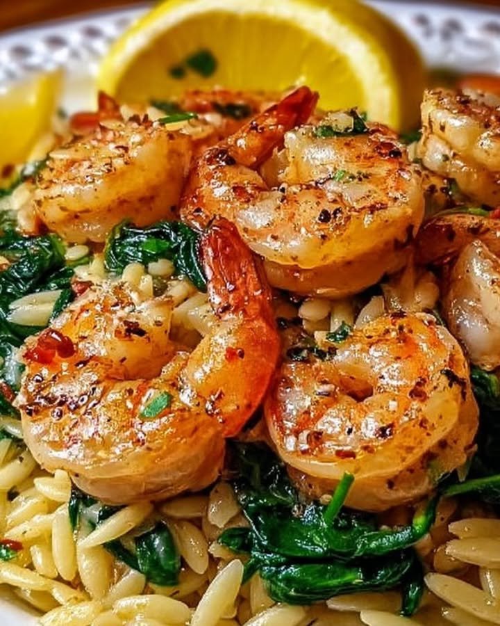 Zitronen-Knoblauch-Garnelen mit Spinat-Orzo