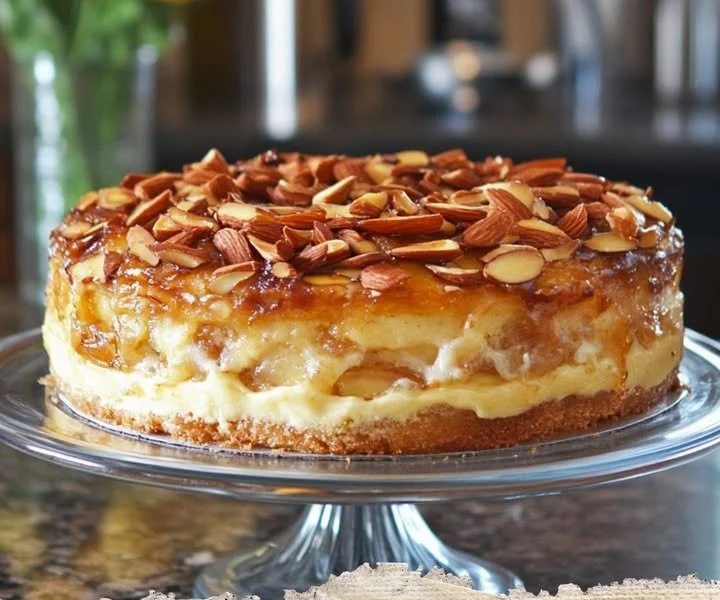 Köstlicher Bienenstich Kuchen mit Mandeln und Sahnefüllung