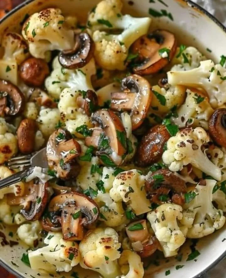 Blumenkohl Champignons Pfanne mit Knoblauch auf einem Teller serviert