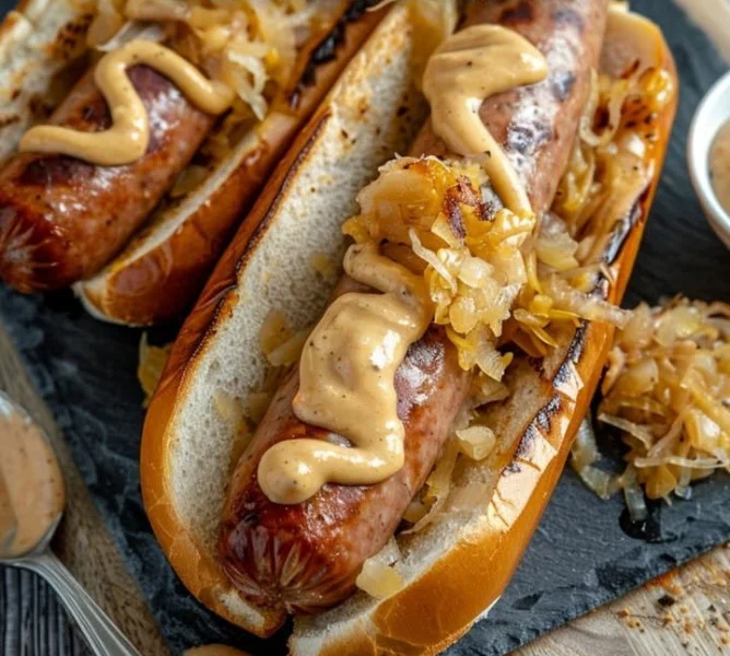 Bratwurst mit Sauerkraut auf einem Teller serviert