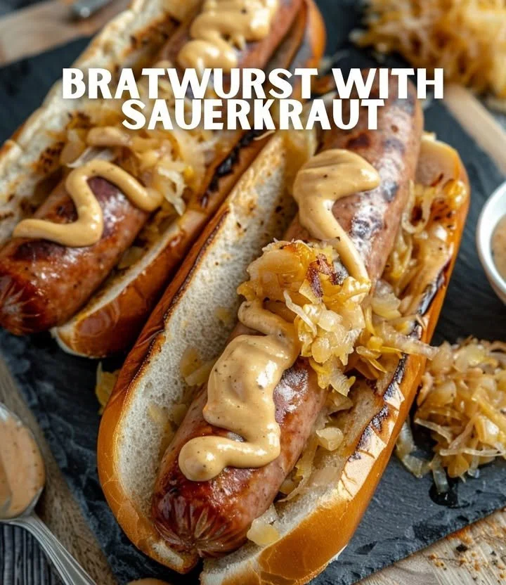 Bratwurst mit Sauerkraut auf einem Teller serviert.