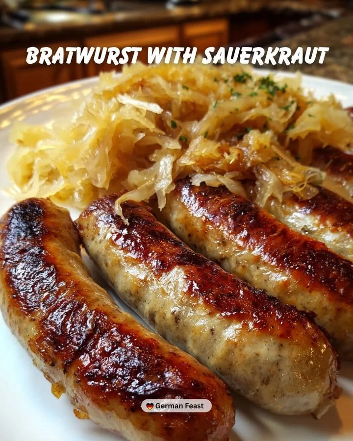 Bratwurst mit Sauerkraut auf einem Teller serviert