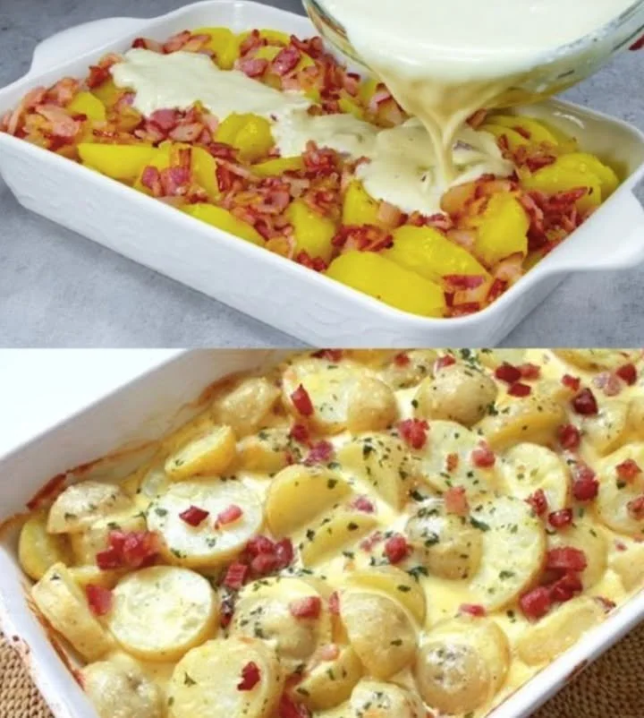 Schüssel mit Carbonara Kartoffeln, garniert mit Parmesan und Basilikum