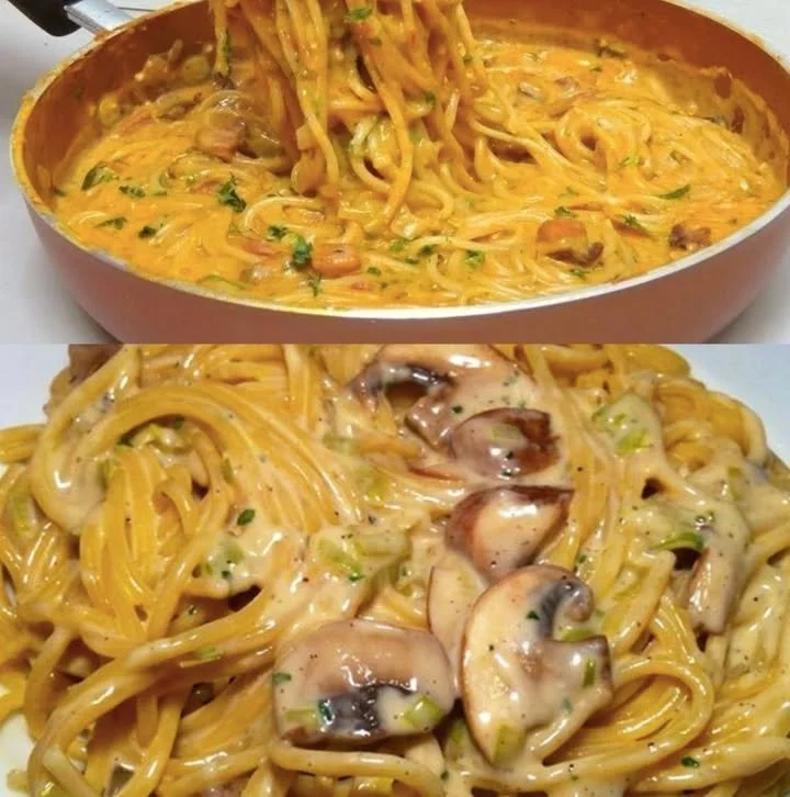 Schüssel mit Champignons Spaghetti aus der Pfanne, lecker und einfach zubereitet.