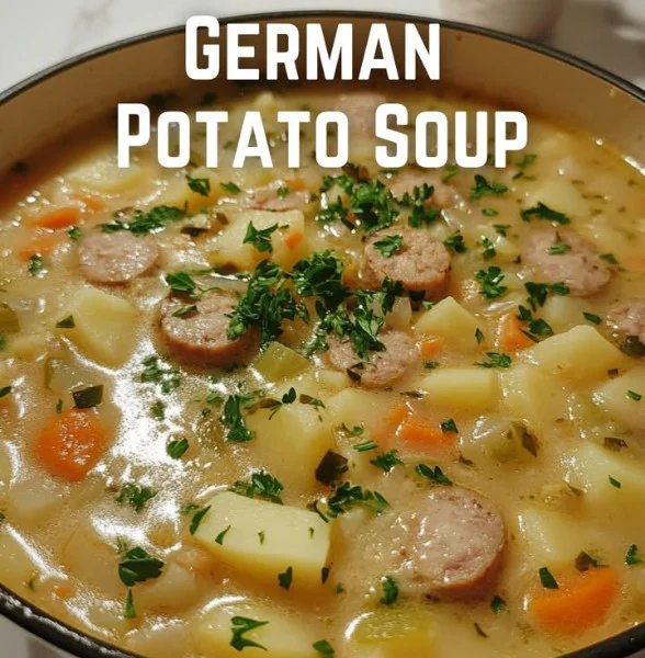 Schüssel mit traditioneller deutscher Kartoffelsuppe, serviert mit Kräutern.