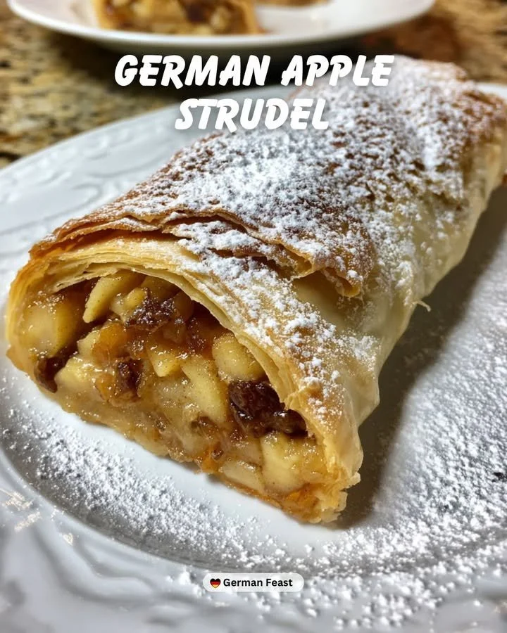 Deutscher Apfelstrudel frisch aus dem Ofen mit Äpfeln und Zimt