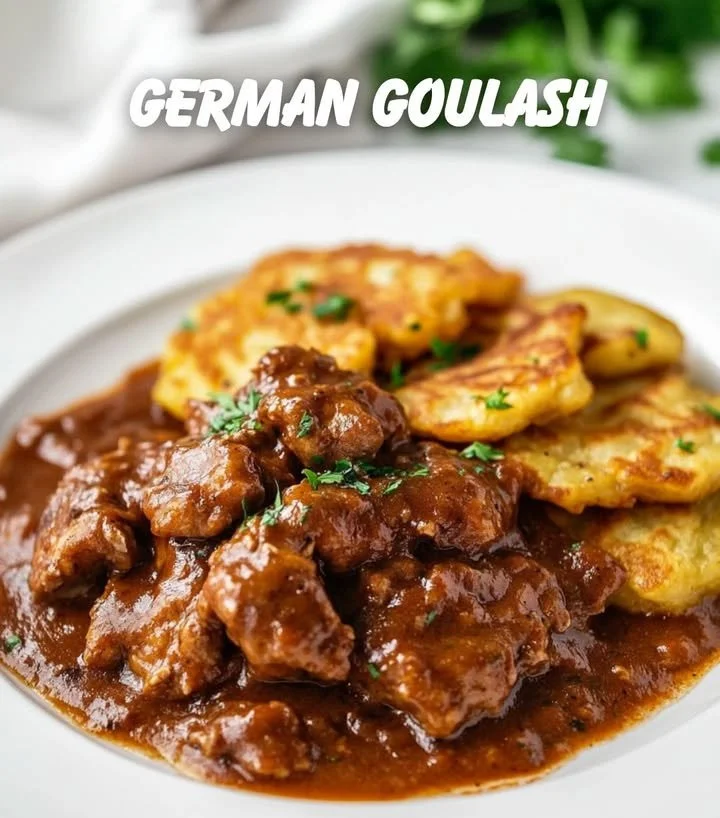 Traditioneller deutscher Gulasch mit Fleisch und Gemüse